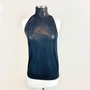 DKNY Jeans Mock Neck Black & Metallic Gold Top